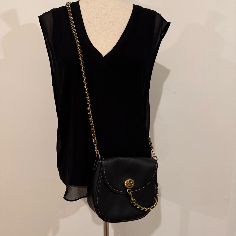 COACH 1941 Turnlock Saddle Crossbody Bag in Black Leather & Metal Braided Strap - Picture 2 of 14